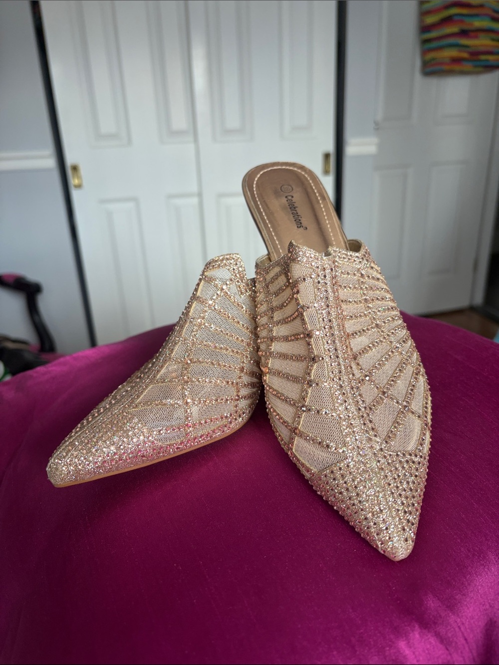 Beaded Pointed-Toe Wedge Mules